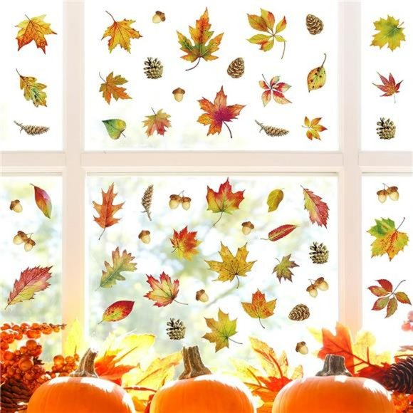 Thanksgiving Window Clings 6 Sheets Maple Leaves Pine Cones Window Sticker - Picture 6 of 7